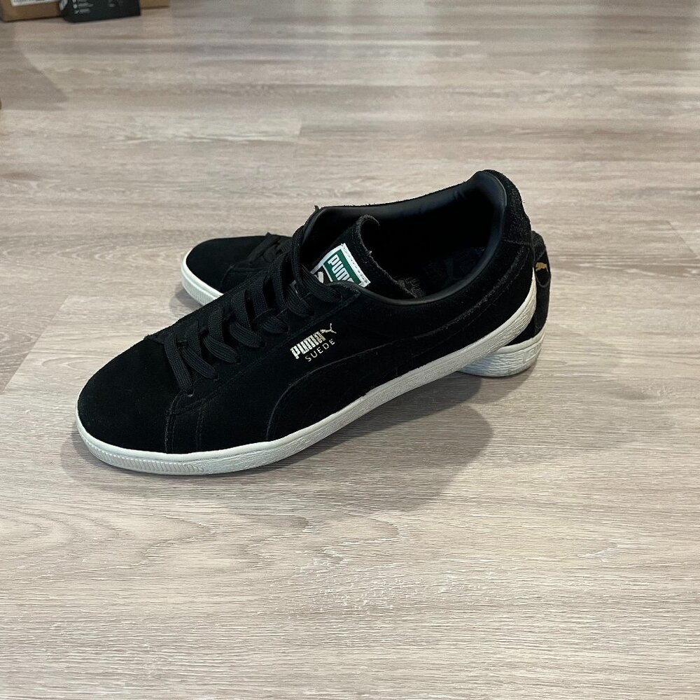 Puma Suede Classic+ Black Team Gold White Men's Shoes - Size 10.5